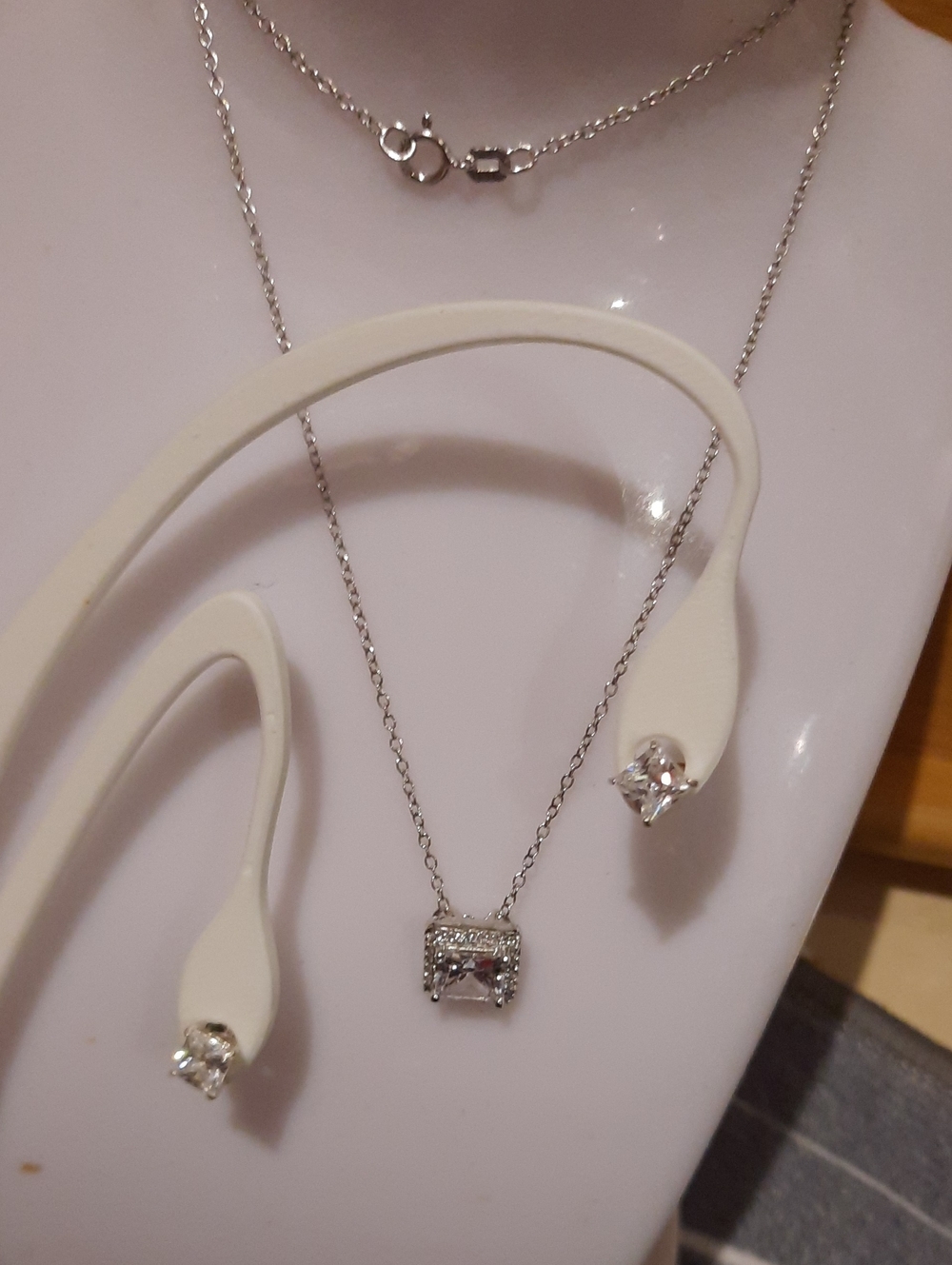 Solid Sterling Silver CZ Princess Cut Halo Necklace 17" Chain & Earrings Rhodium